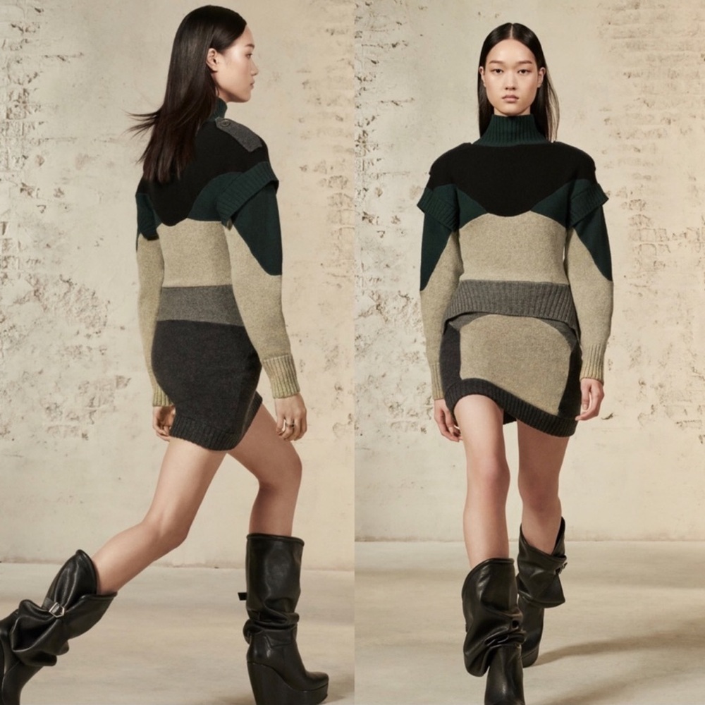 Zara Colorblock Long-Sleeve Knit Dress in Black, Green, Gray, Cream